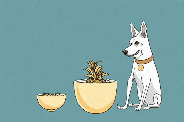 A dog sitting next to a bowl of cooked yucca