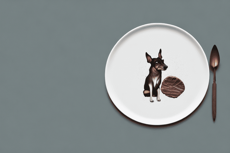 A curious dog sitting next to a plate with a piece of elk meat on it