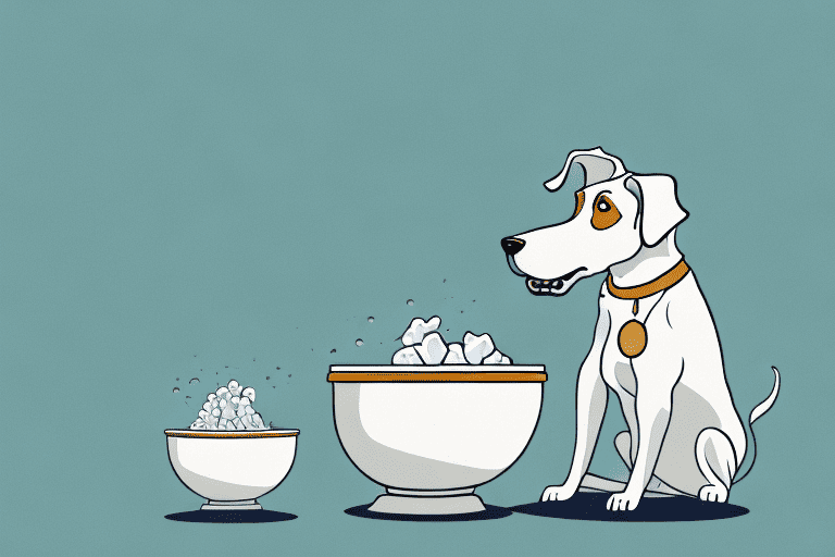 A curious dog sitting in front of a bowl filled with hominy
