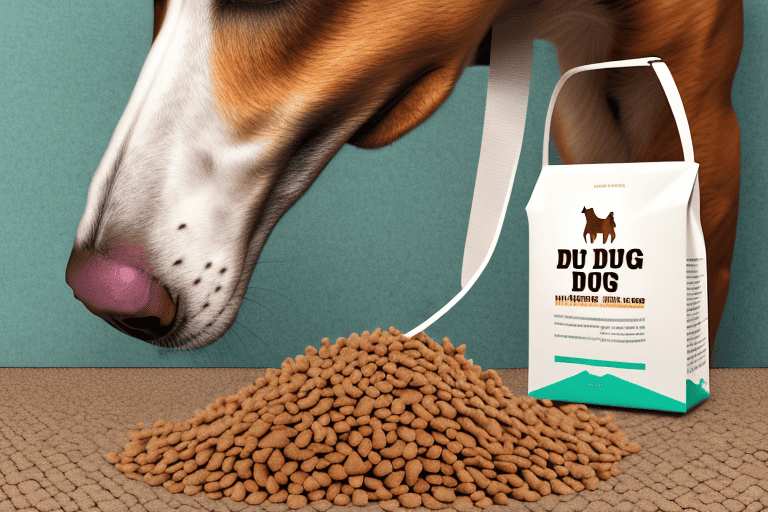A curious dog sniffing a bag of horse feed in a barn setting