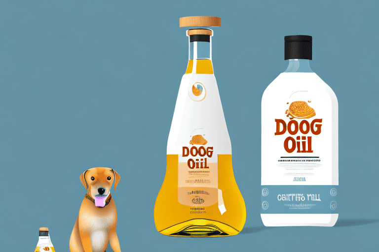 A dog sitting next to a bottle of peanut oil