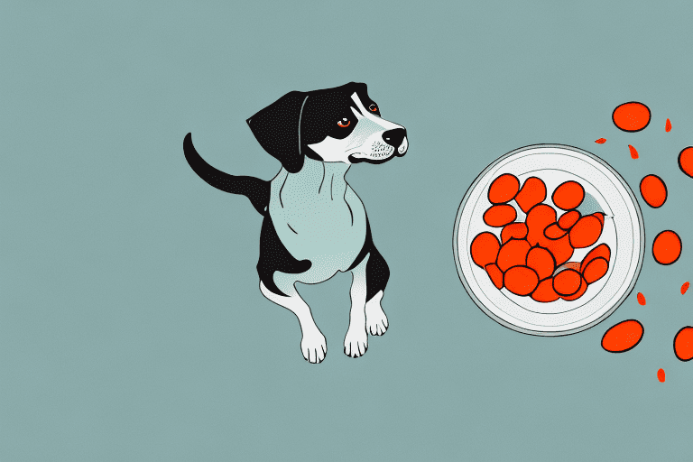 A curious dog looking at a bowl filled with pimentos