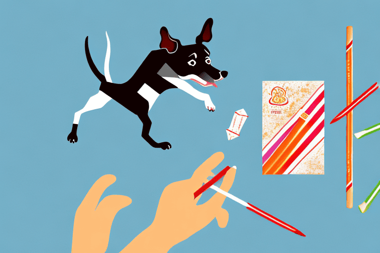 A curious dog sniffing a box of pocky sticks placed on a table