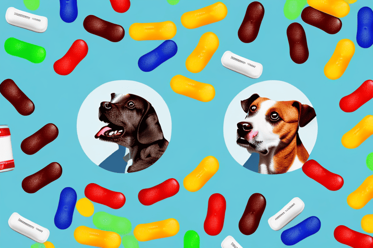 A curious dog looking at a spilled box of mike and ike candies