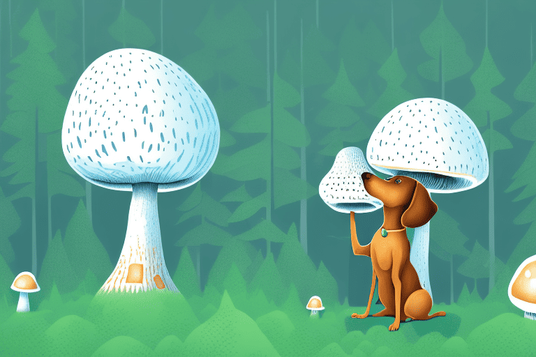 A curious dog sniffing at a large puffball mushroom in a forest setting