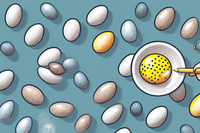A curious dog looking at a bowl of raw quail eggs placed on the ground