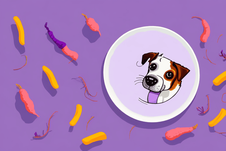 A curious dog looking at a pile of purple carrots on a plate