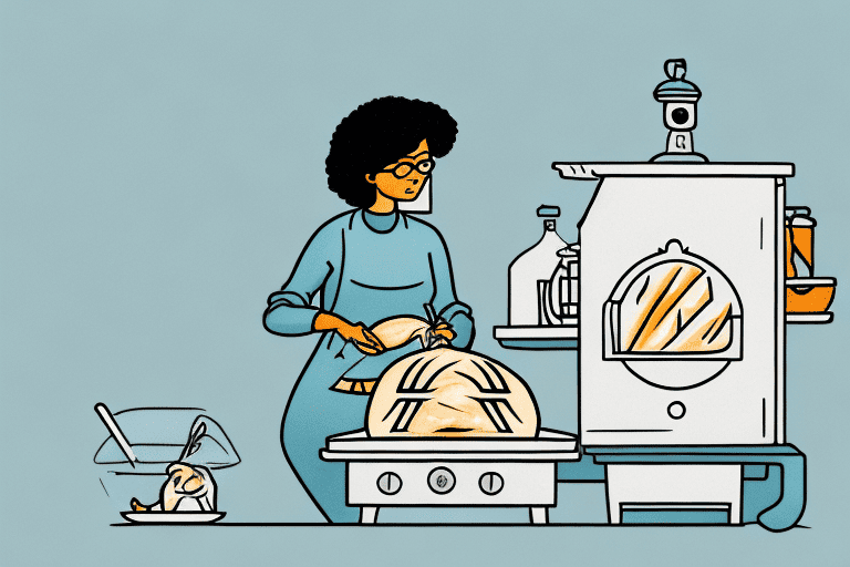 A curious dog looking at a rotisserie chicken on a kitchen counter