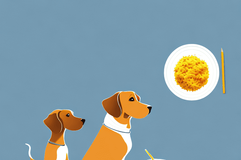 A curious dog sitting next to a bowl of saffron rice