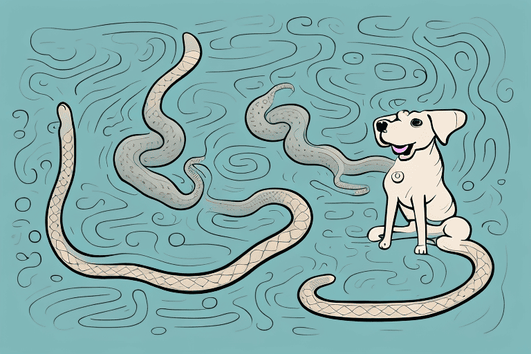 A curious dog looking at a snake with question marks above its head