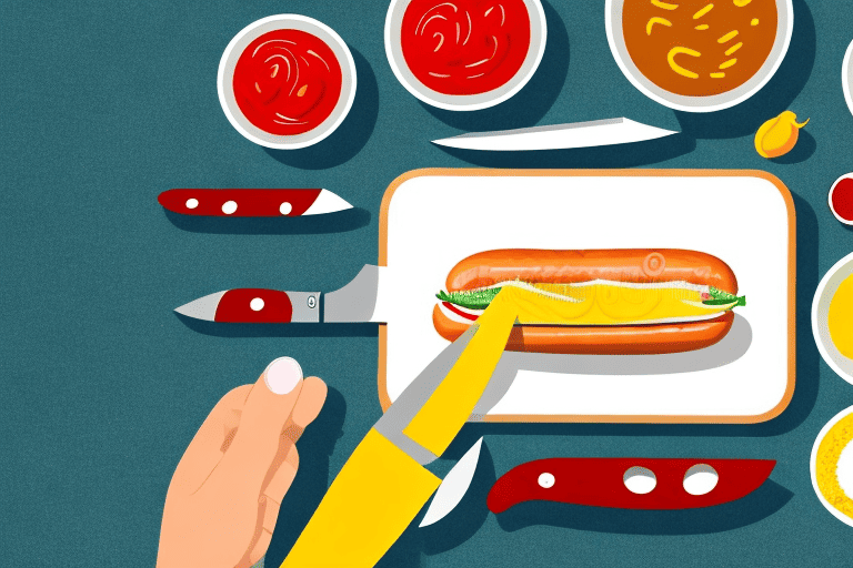A raw hot dog on a cutting board with a knife beside it