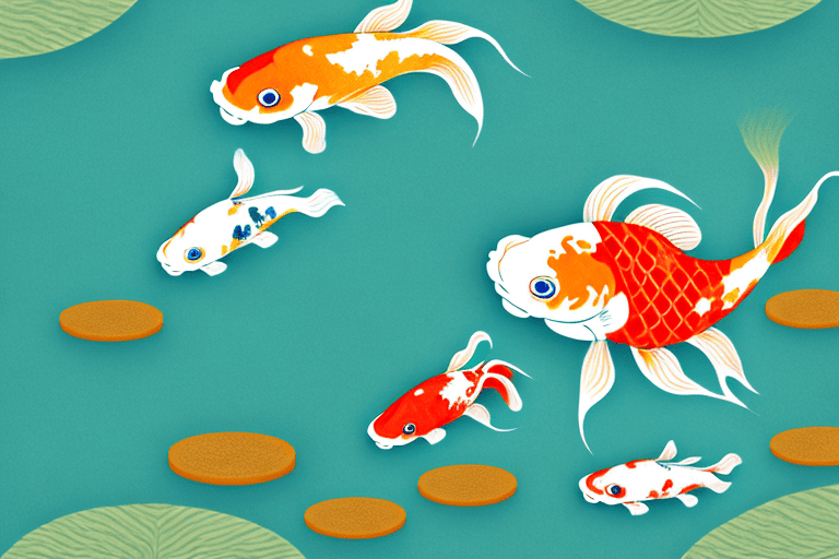 A curious koi fish looking at a few pieces of dog food floating on the surface of a pond