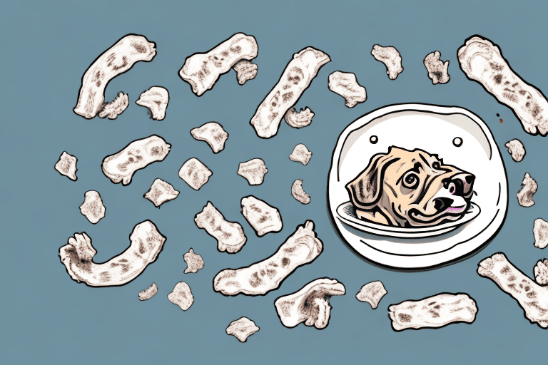 A dog looking longingly at a plate of cooked pork shoulder bones on a table
