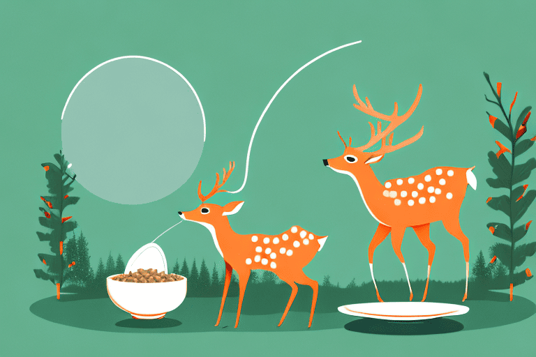 A deer curiously sniffing at a bowl of dog food in a forest setting