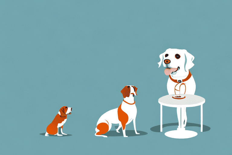 A curious dog sitting next to a table with a whole crab on it