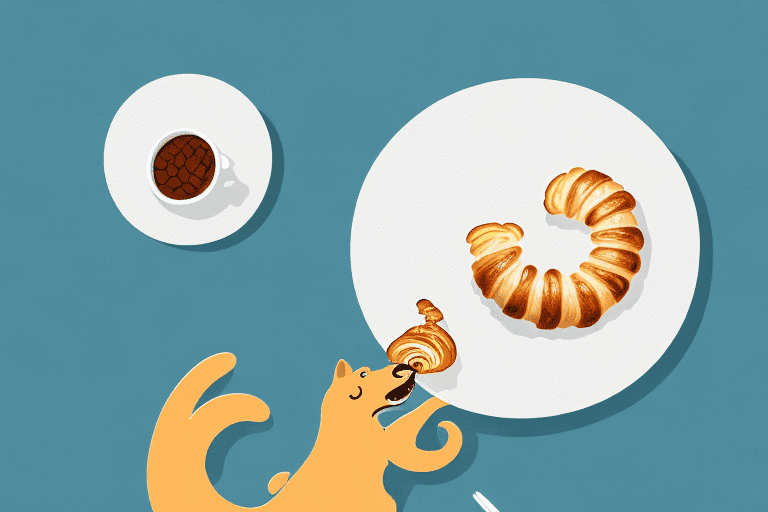 A curious dog sitting in front of a table with a croissant on a plate