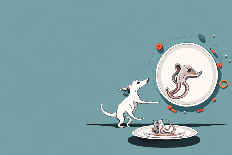 A curious dog looking at a plate with a squid on it