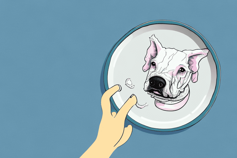 A curious dog looking at a large pork shoulder bone placed on a plate