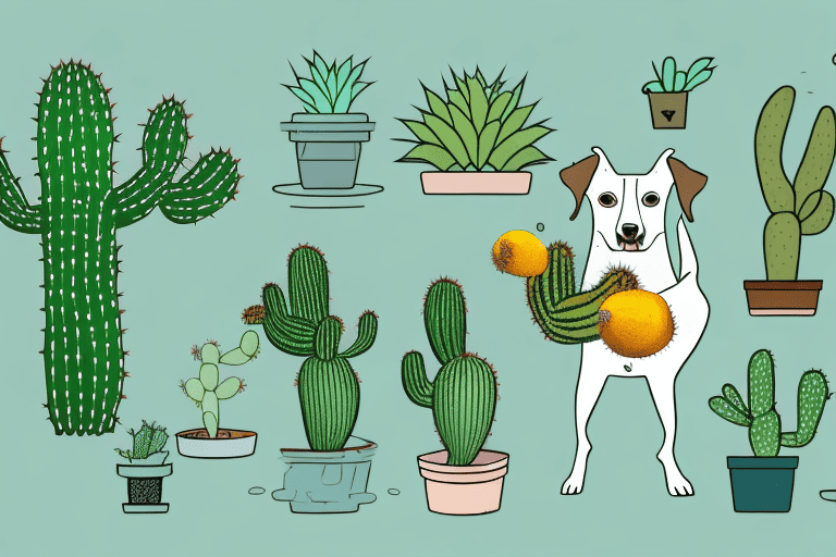 A curious dog sniffing a cactus fruit on the ground