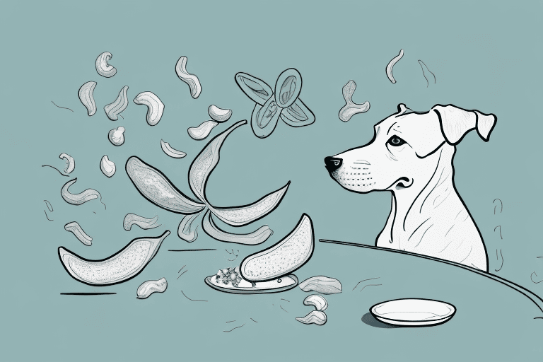 A curious dog sniffing a cluster of cardamom pods on a kitchen table