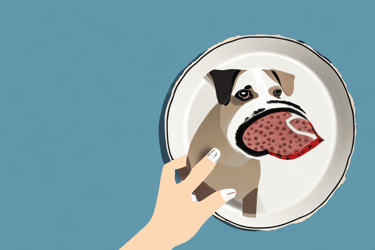 A dog curiously sniffing a cow tongue on a plate