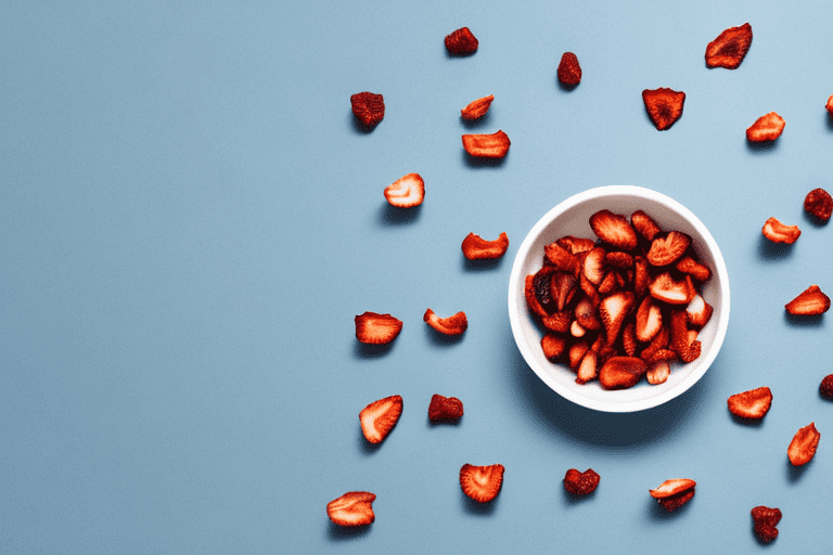 A curious dog looking at a bowl of dried strawberries on a table