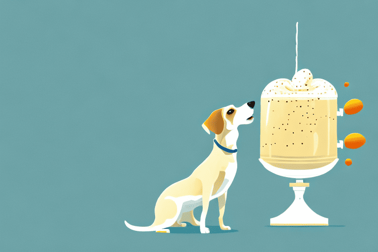 A curious dog sitting next to a bowl of eggnog