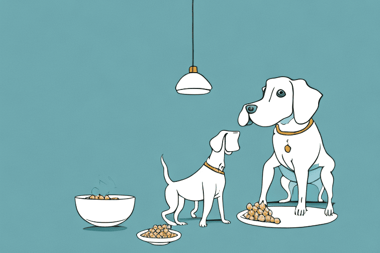 A curious dog sitting near a table with a bowl of lard on it