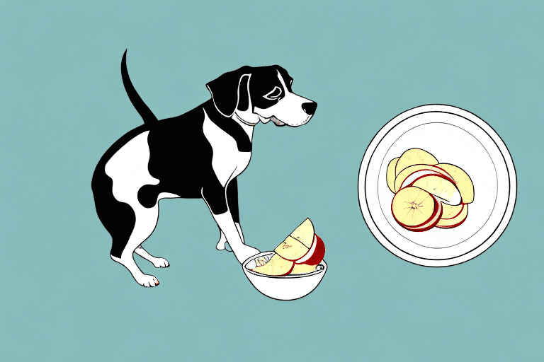 A curious dog sniffing a bowl filled with freeze-dried apple slices