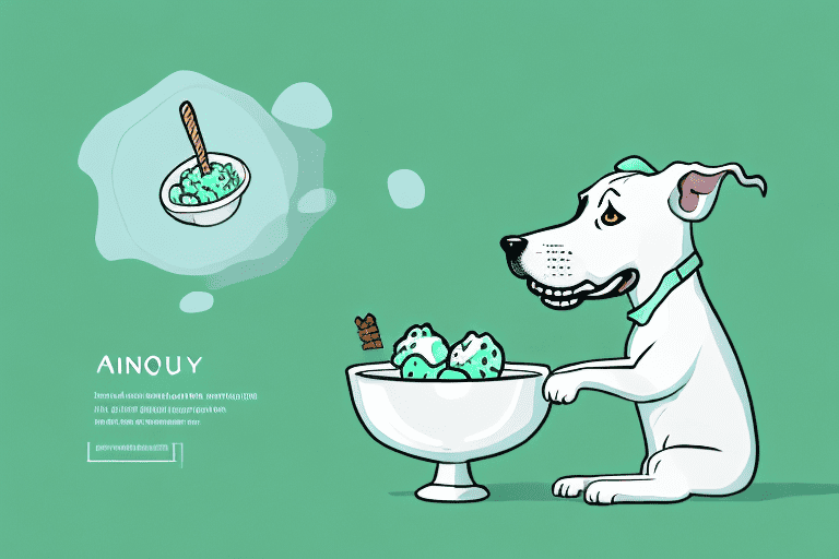 A dog curiously sniffing at a bowl of mint ice cream