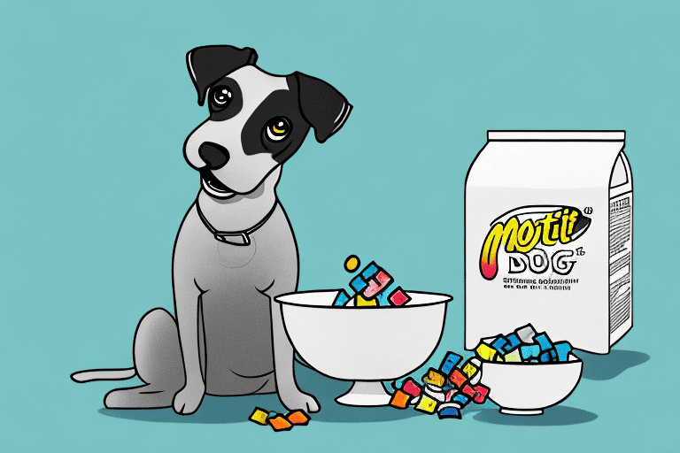 A curious dog sitting next to a bowl filled with mott's fruit snacks