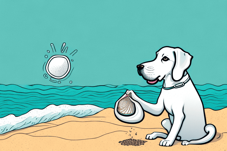 A curious dog sniffing an open oyster shell on a beach