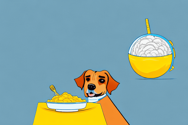 A curious dog sitting in front of a bowl of polenta