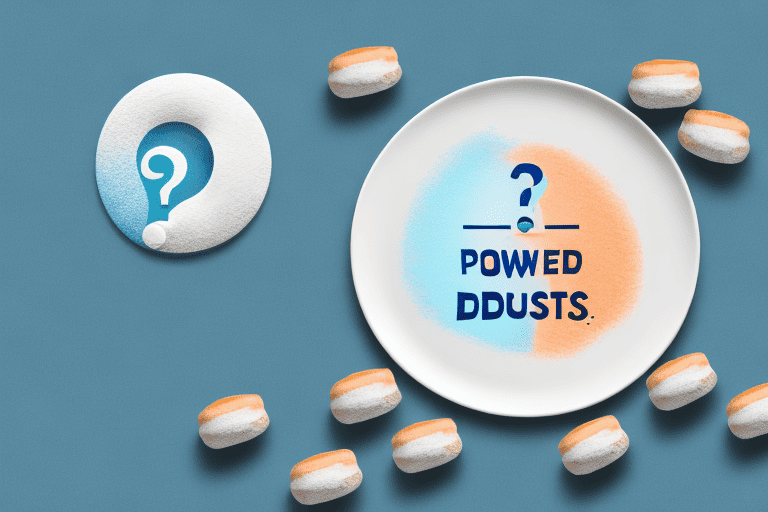 A curious dog sitting in front of a plate of powdered donuts