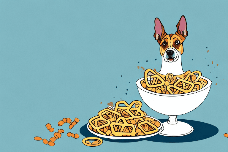 A curious dog sitting in front of a bowl filled with pretzels coated in peanut butter