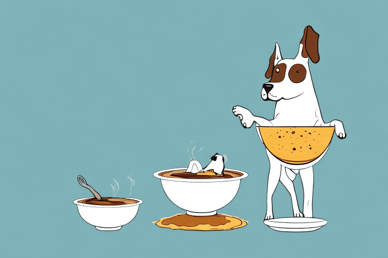 A curious dog looking at a bowl of pudding placed on a table