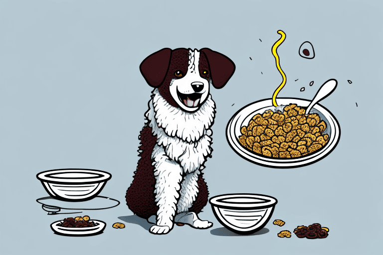 A curious dog sitting next to a bowl of raisin bran cereal