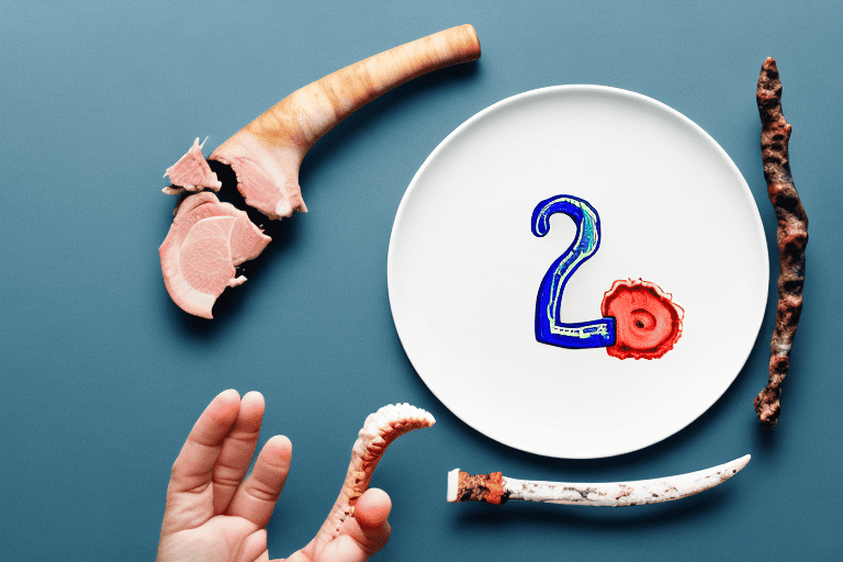 A curious dog sitting next to a raw turkey neck bone on a plate