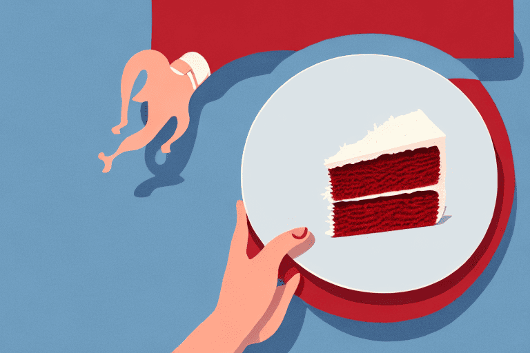 A curious dog looking at a piece of red velvet cake on a plate