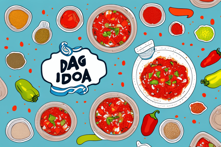 A curious dog looking at a bowl of salsa with various salsa ingredients like tomatoes