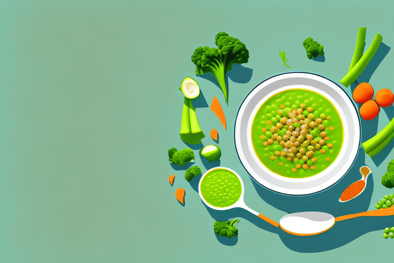 A curious dog looking at a bowl of split pea soup