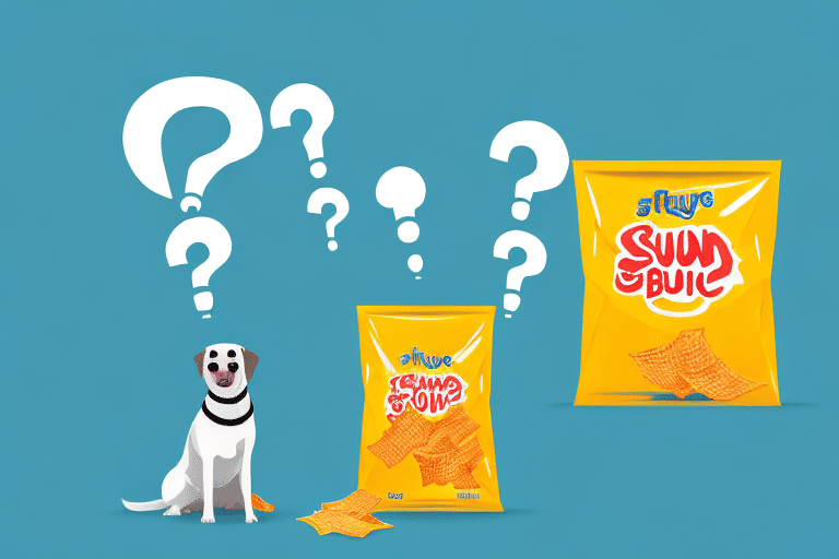A curious dog sitting next to a bag of sun chips