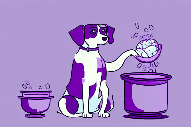 A curious dog sitting in front of a bowl filled with purple ube