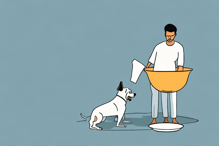 A curious dog looking at a bowl of uncooked rice on the floor