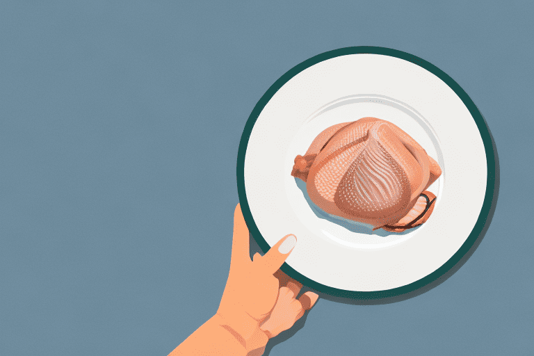 A curious dog looking at an uncooked turkey neck on a plate