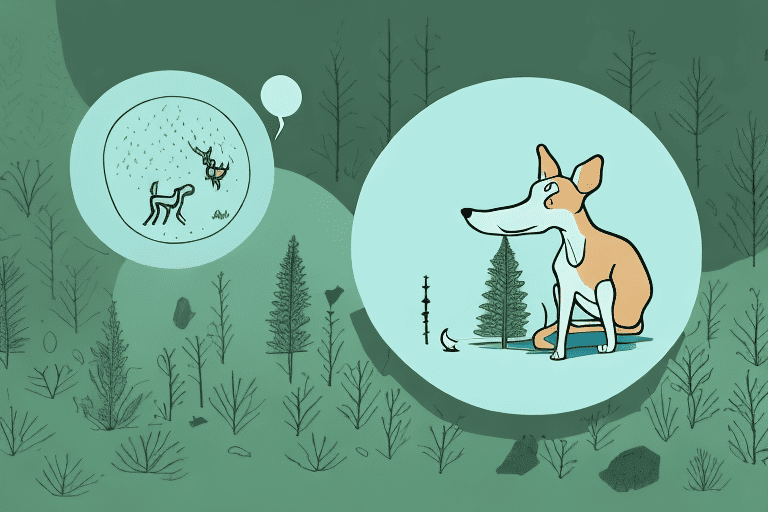 A dog curiously sniffing a fallen deer in a forest setting