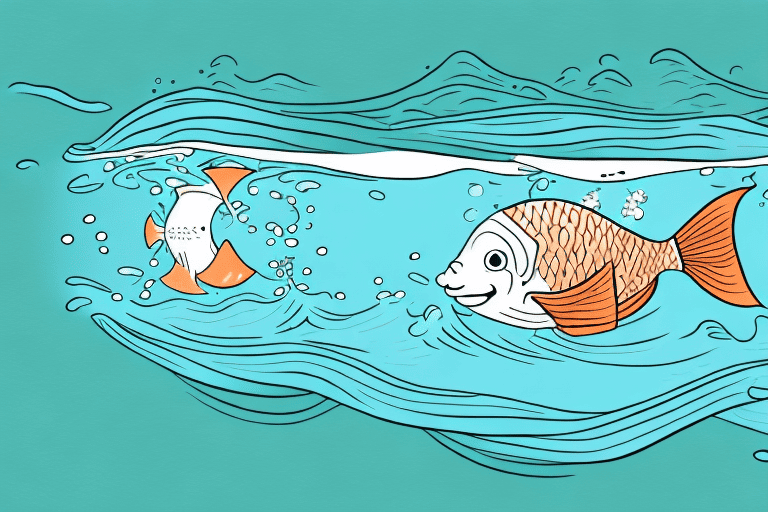 A curious fish peeking out of the water towards a floating piece of dog food