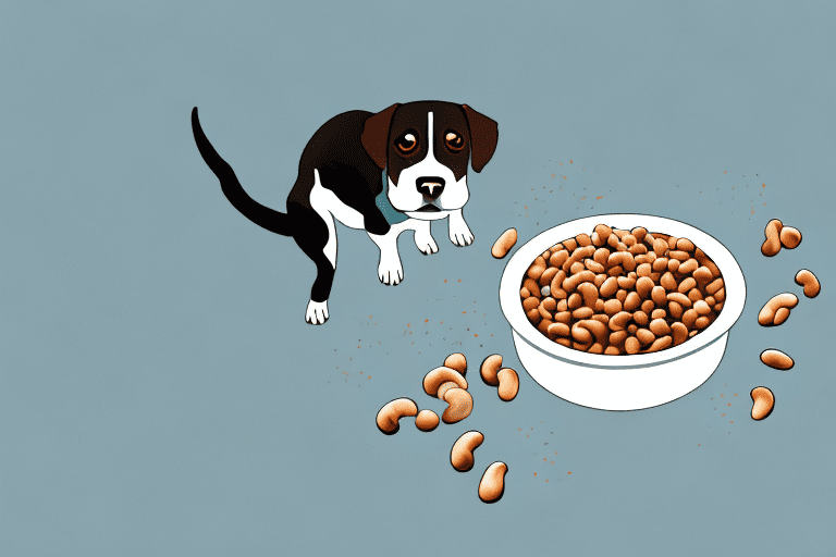 A curious dog sitting next to a bowl full of black eyed peas