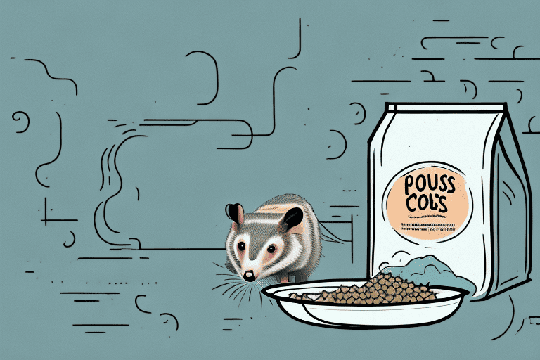 A curious possum cautiously approaching a bowl of dog food placed outside in a backyard at night