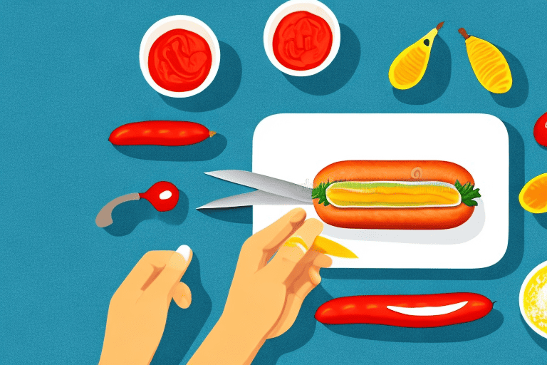 A raw hot dog on a cutting board with a knife nearby
